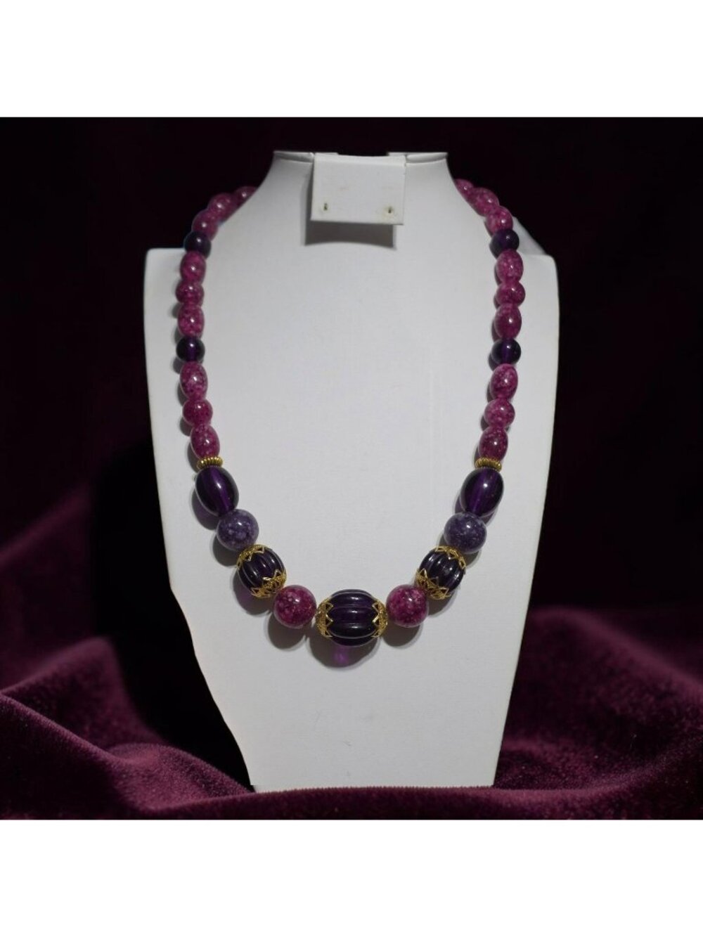 Vintage Purple & Pink Plastic Beaded Necklace Gold-Tone Accents Screw Clasp